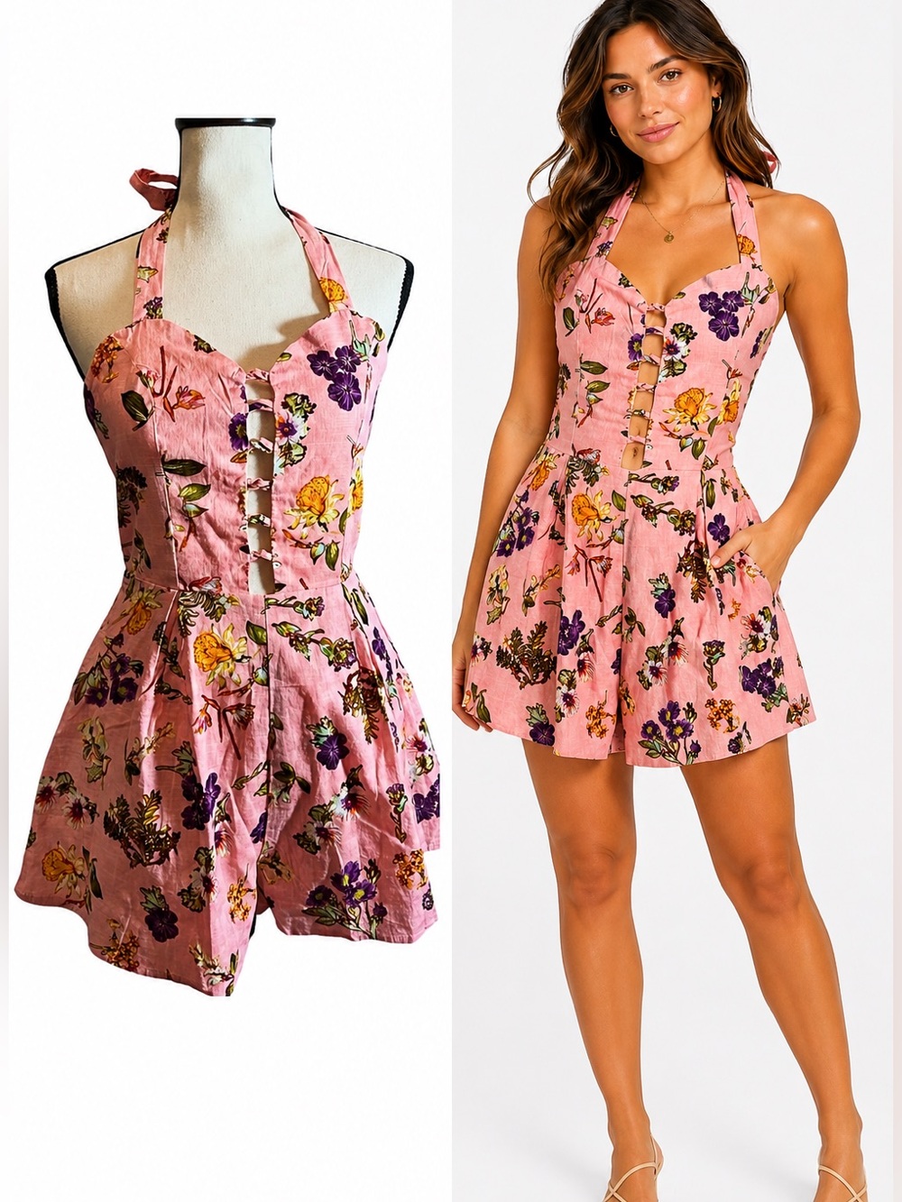 Depri Pink Floral Halter Romper Medium Cutout Front Summer Vacation‎ Brunch